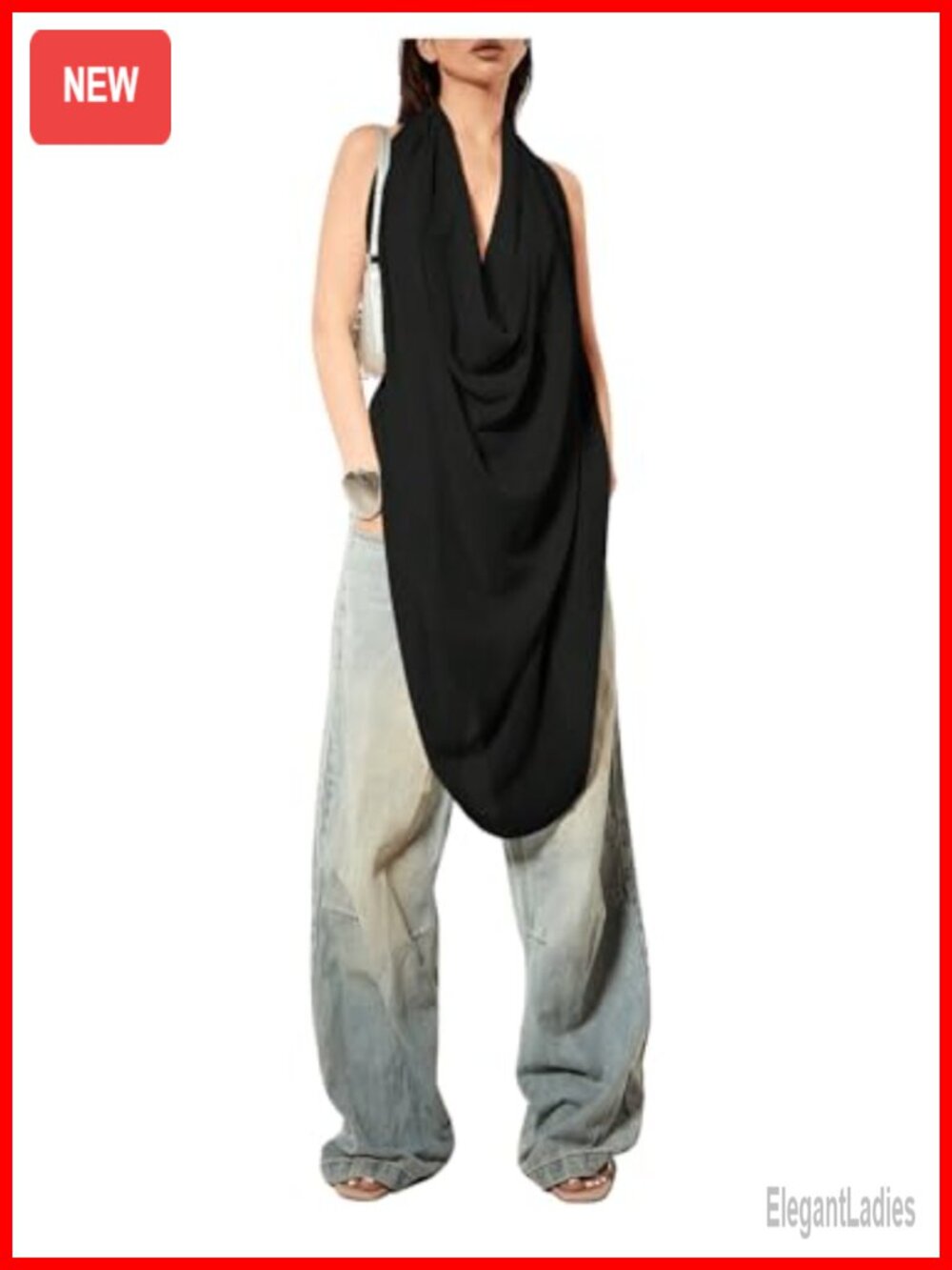 Cowl Neck Backless Halter Tank Top See Through Sleeveless Draped Y2K